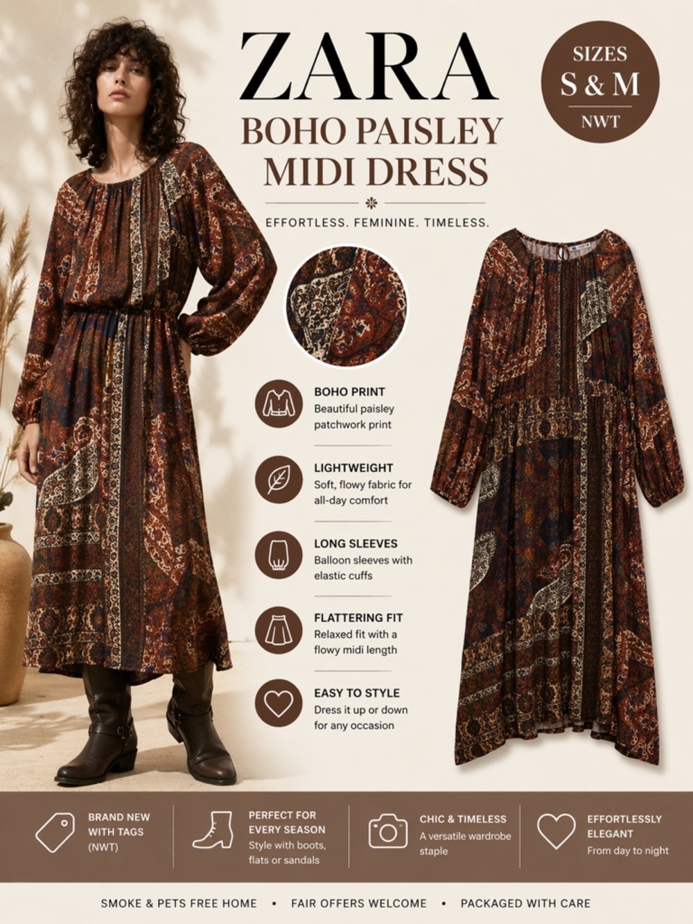 ZARA Brown Boho Paisley Print Midi Dress NWT Sizes S M